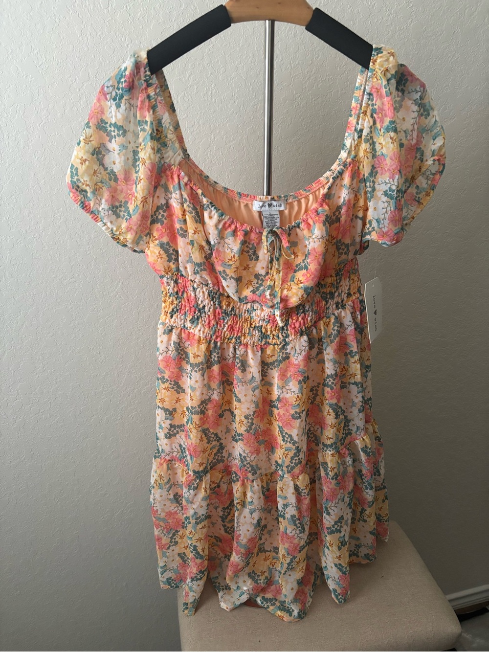 NWT Love Wish Floral Smock Mini Dress Pink Yellow Puff Sleeve Cottagecore Jnr Lg